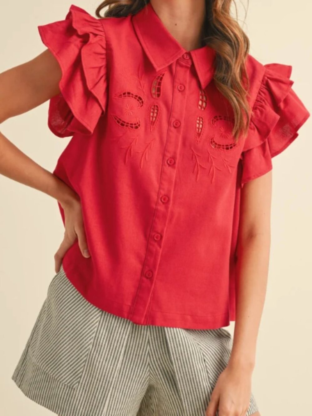 &MERCI Embroidered Cut Out Button Down Top Size Large